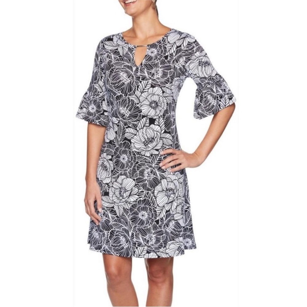 Ruby Rd. Monochrome Leaf Pattern‎ Dress NWOT